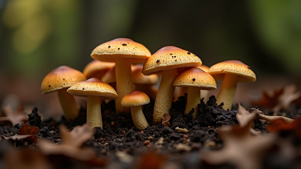 Skirtingi grybai ant miško grindies šalia medžio šaknų